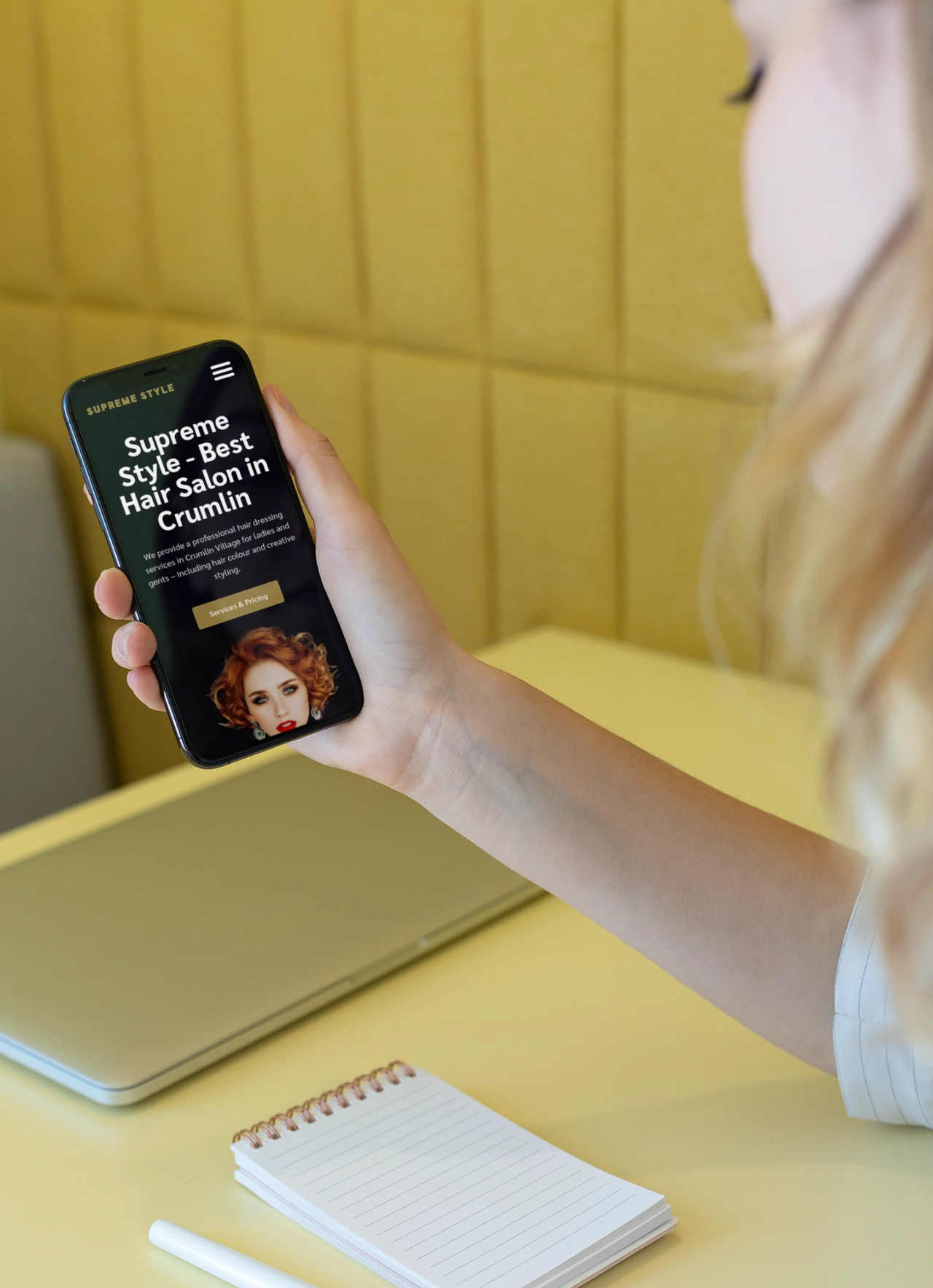 supreme style phone blonde holding device mockup