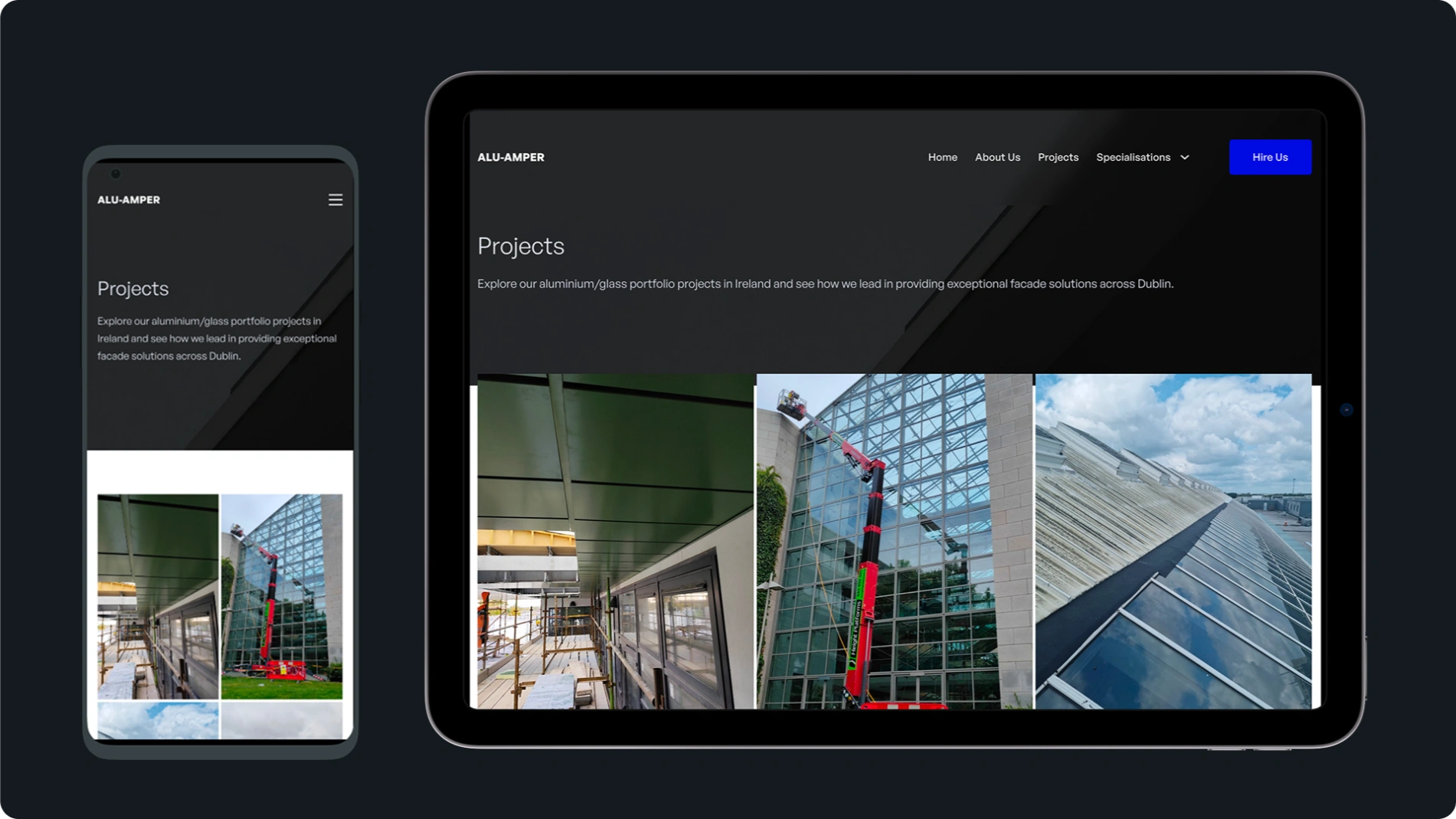 tablet and mobile view of projects page alu-amper web design case study