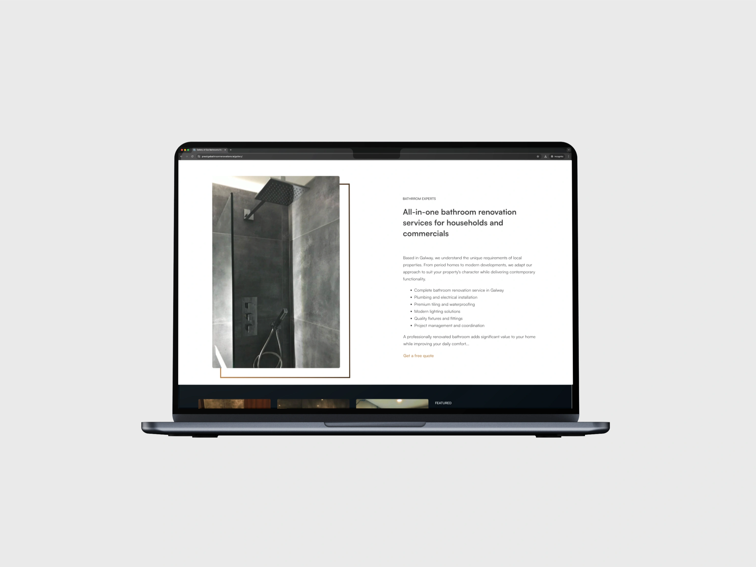 web design mockup for prestige bathroom renovations galway laptop